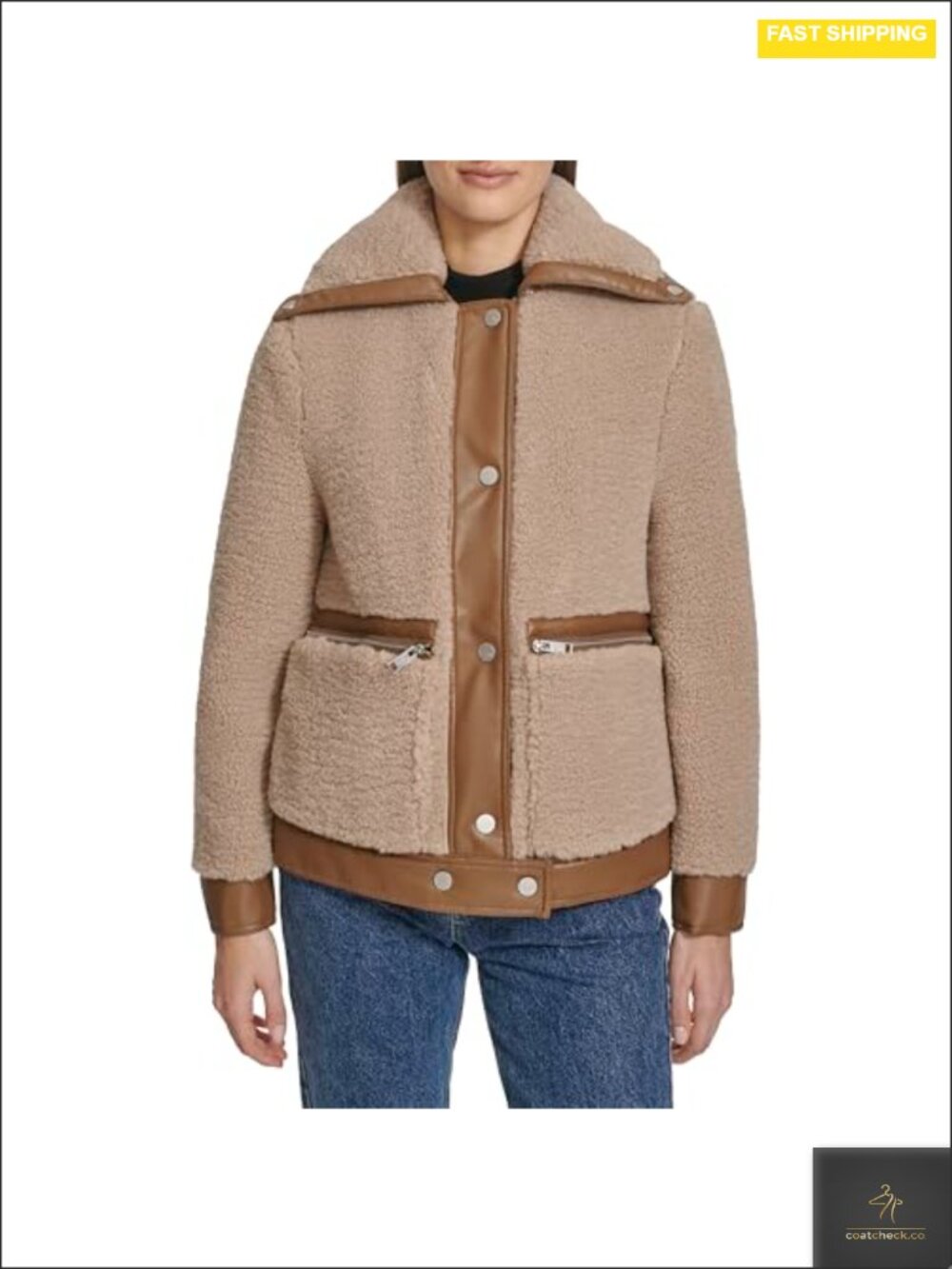 Women's Faux Sherpa Aviator Jacket Mixed Media Long Sleeve Snap